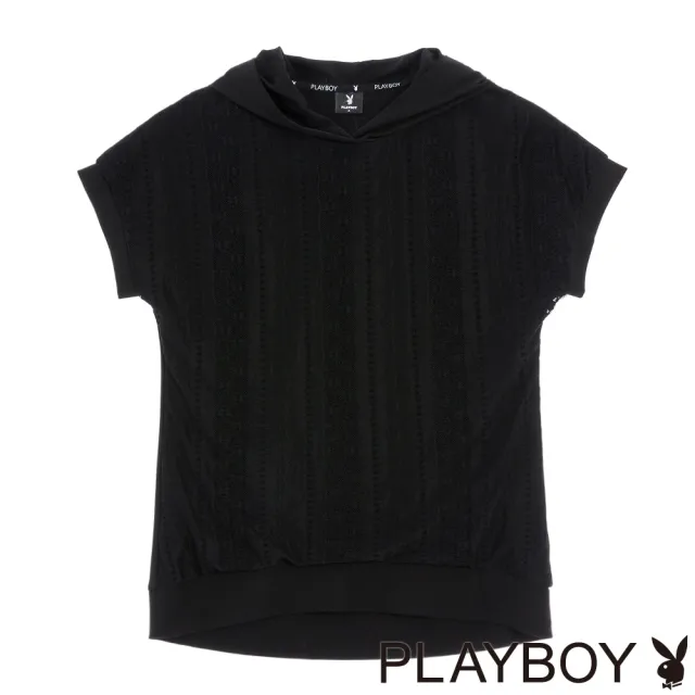 【PLAYBOY】連帽前片蕾絲休閒上衣(黑色)