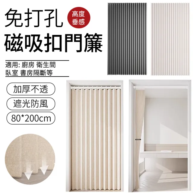 【SUNLY】純色加厚仿亞麻長門簾 折疊雙側磁吸扣門簾 隔斷簾 拉簾 風水簾(寬80*高200公分 免打孔)