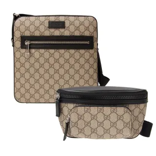 【GUCCI 古馳】GG Supreme 經典帆布牛皮邊飾胸口腰包/斜背包(多款任選)