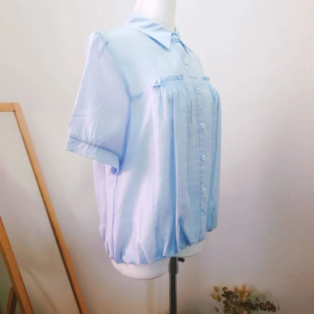 【YUTZUYA 優姿雅】平靜淡藍抽皺半門襟上衣(上衣/抽皺/半門襟)