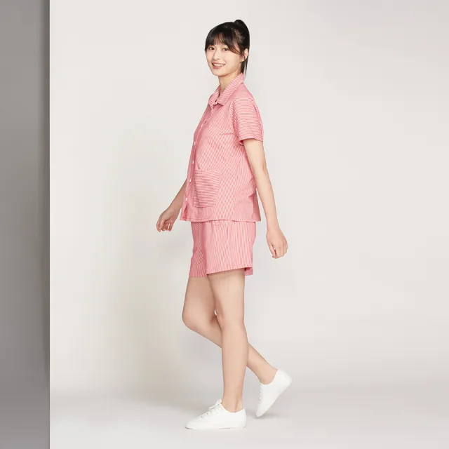 【YVONNE 以旺傢飾】直條提花開襟短袖襯衫-粉