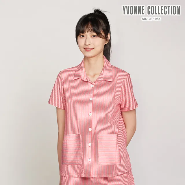 【YVONNE 以旺傢飾】直條提花開襟短袖襯衫-粉