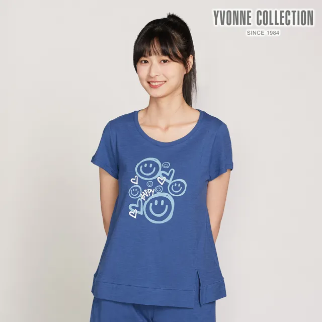 【YVONNE 以旺傢飾】結粒紗網印短袖上衣-深藍