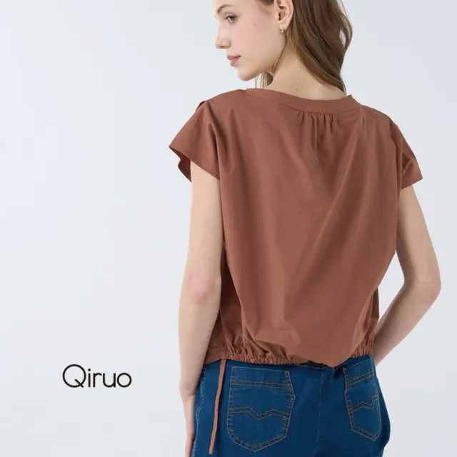 【Qiruo 奇若名品】精細棉質一字領小包袖 肩膀暗釦 下擺厚鬆緊帶縮腰短版咖啡