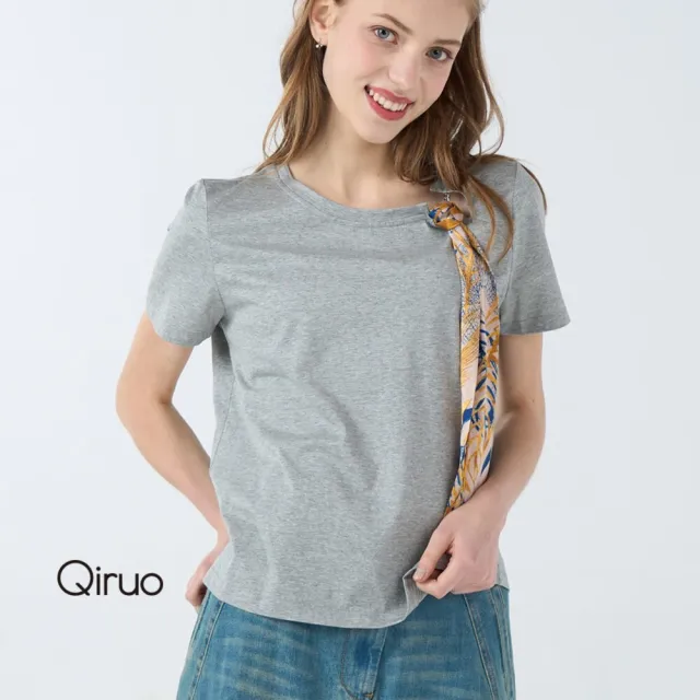 【Qiruo 奇若名品】銀金屬鍊 加蝴蝶絲帶造型 圓領棉質灰色短袖上衣3063A