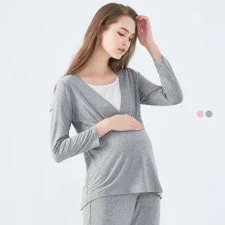 【Gennies 奇妮】親膚蕾絲居家哺乳衣-灰/粉(孕婦裝 月子服 居家服 睡衣 長袖 下拉哺乳)