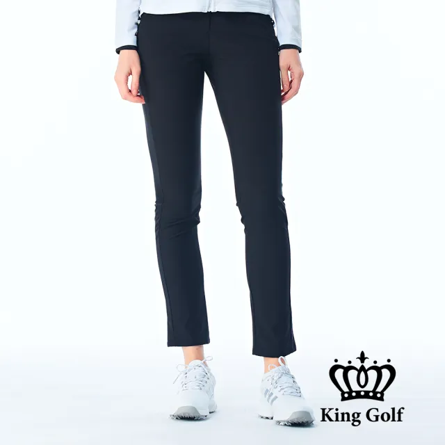 【KING GOLF】網路限定款-女款後側腰線條印花舒適素面修身休閒長褲/高爾夫球褲(黑色)