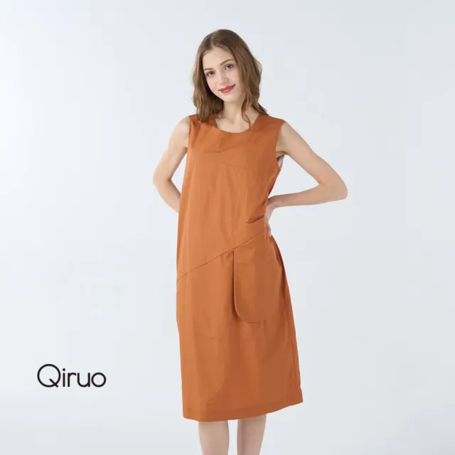 【Qiruo 奇若名品】簡單大口袋剪裁 橘色上等棉膝上削肩小A洋裝3201F