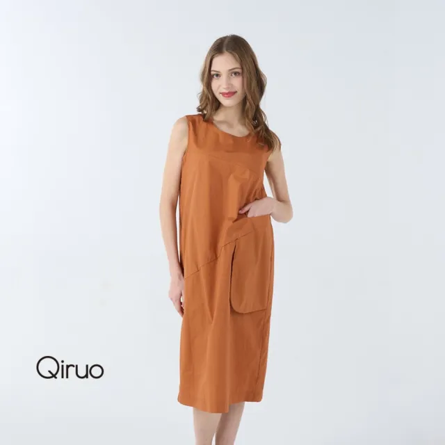 【Qiruo 奇若名品】簡單大口袋剪裁 橘色上等棉膝上削肩小A洋裝3201F