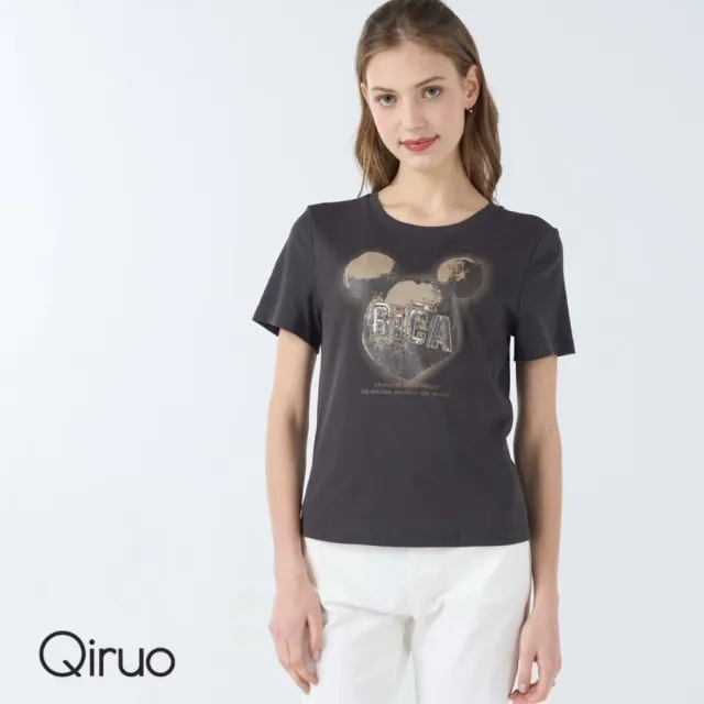 【Qiruo 奇若名品】彈性棉質布料圓領卡通米奇造型短袖灰咖色上衣7021D