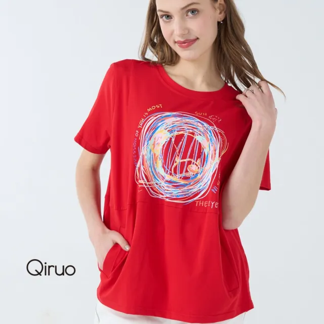 【Qiruo 奇若名品】小圓領 塗鴉圓形畫線圖案大紅短袖上衣2010D