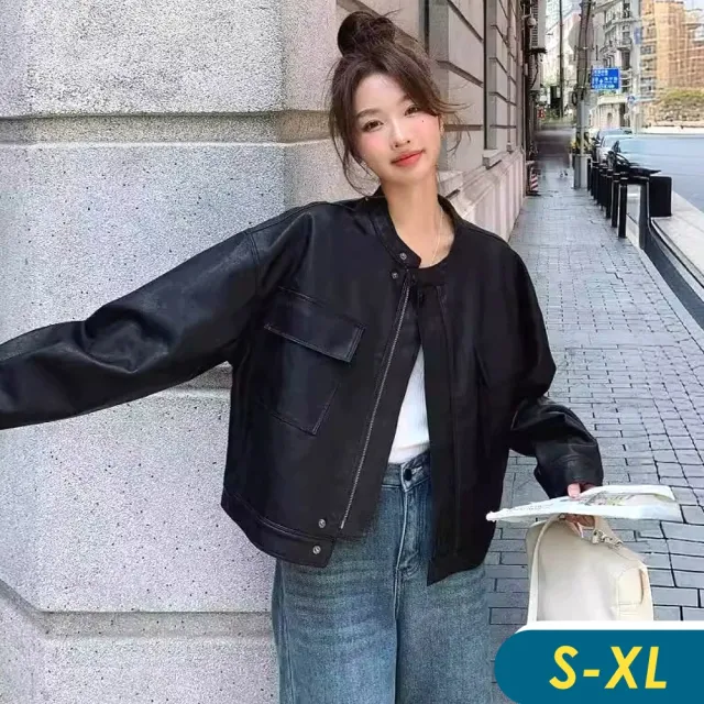【CHACO】/現+預購/女 黑色圓領皮衣寬鬆落肩軟感夾克外套#PY9313BK(PU 皮衣 夾克 外套 機車 春秋)