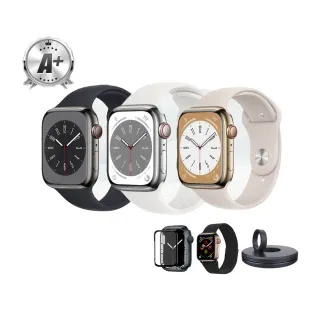 配件大禮包組【Apple】不鏽鋼A+級福利品 Apple Watch S8 GPS 41mm(不鏽鋼金屬錶殼運動型錶帶)