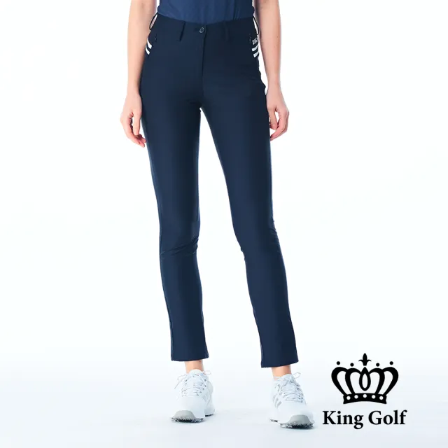 【KING GOLF】網路限定款-女款後側腰線條印花舒適素面修身休閒長褲/高爾夫球褲(丈青色)