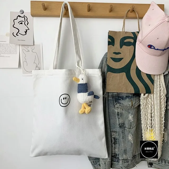 【米蘭精品】現貨+預購 手提包帆布肩背包托特包側背包單肩包隨身女包(笑臉ins純色2色74jn57)