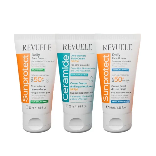 【REVUELE 瑞膚露】全日防曬乳SPF50+ 50ml-3款任選(控油清爽/保濕輕透/神經醯胺淨瑕)