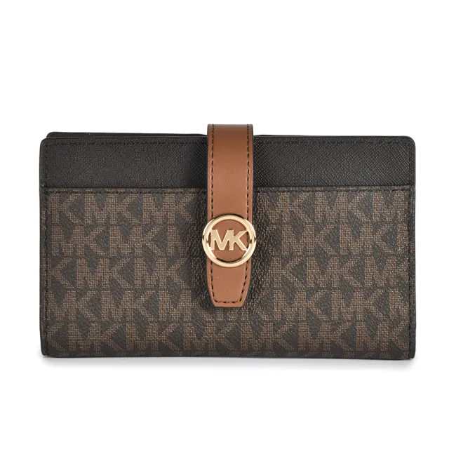 【Michael Kors】Greenwich皮革MK圓標LOGO薄型壓釦零錢卡片短夾(咖啡棕)