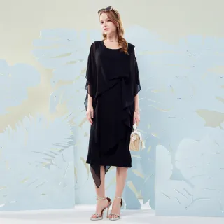 【MYVEGA 麥雪爾】MA不對稱抓摺雪紡背心長洋裝-黑(素色洋裝/)