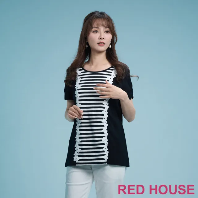 【RED HOUSE 蕾赫斯】花朵蕾絲條紋拼接上衣(黑色)