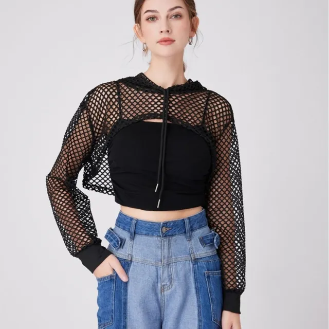 【米蘭精品】現貨+預購 披肩長袖罩衫(嘻哈漁網洞洞連帽女裝配件74kq71)