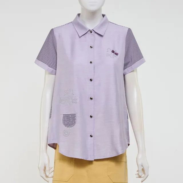 【ILEY 伊蕾】條紋拼接水鑽造型縲縈襯衫(紫；M-2L；1252211523)