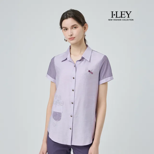 【ILEY 伊蕾】條紋拼接水鑽造型縲縈襯衫(紫；M-2L；1252211523)