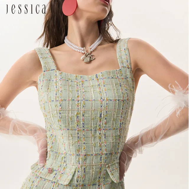 【JESSICA】清新立體紋理寬肩帶小香風洋裝J52702