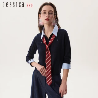 【Jessica Red】英倫學院風襯衫領羊毛針織衫R52401（藏藍）