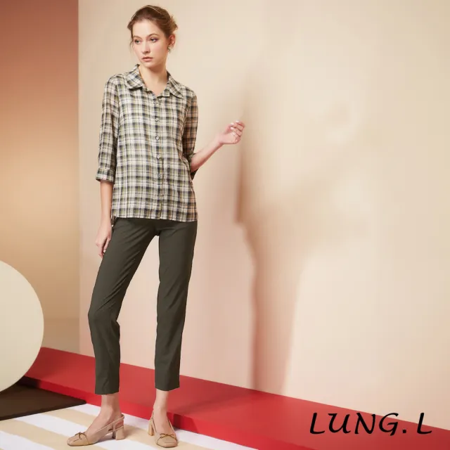 【LUNG.L 林佳樺】LR99A 綠色格紋棉質七分袖女裝襯衫(春夏新品 加大尺碼)