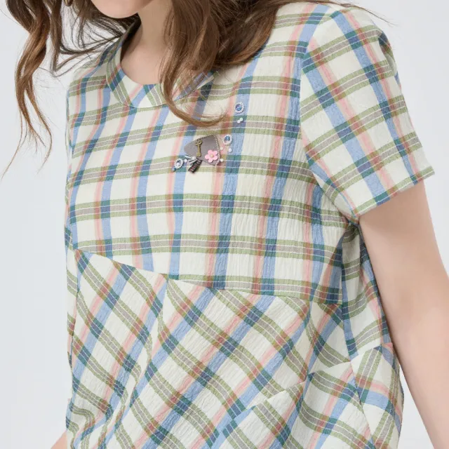 【ILEY 伊蕾】格紋剪接寬鬆純棉上衣(淺綠；M-XL；1252211003)