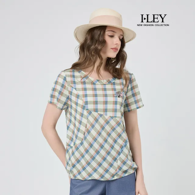 【ILEY 伊蕾】格紋剪接寬鬆純棉上衣(淺綠;M-XL;1252211003)