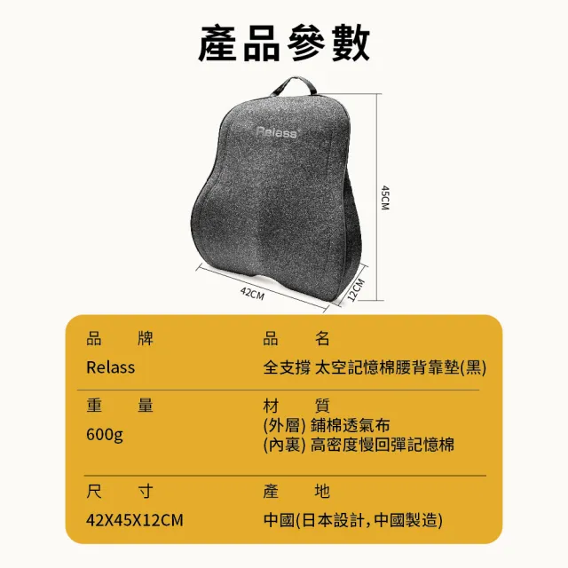 【RELASS】全支撐 太空記憶棉腰背靠墊(支撐 慢回彈 紓壓 無毒親膚面料 透氣)