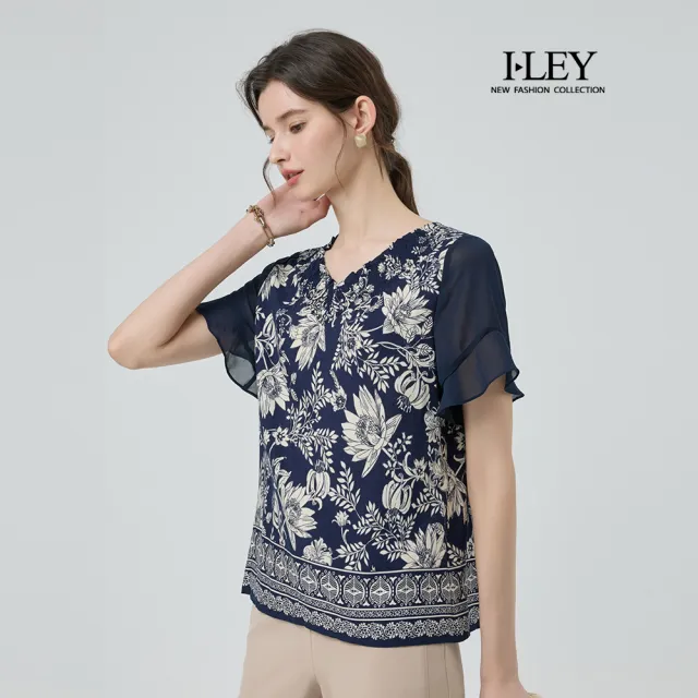 【ILEY 伊蕾】拼接雪紡縲縈印花上衣(深藍；M-2L；1252071410)