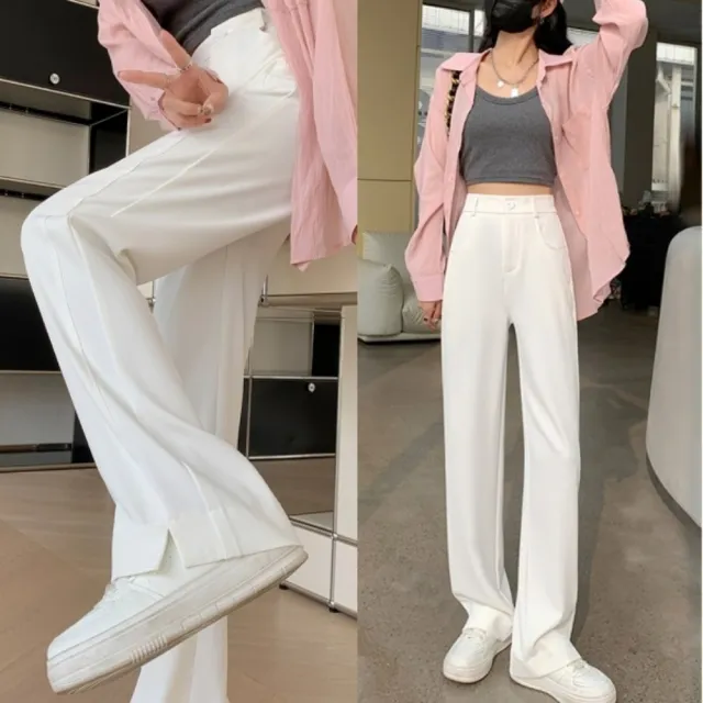 【baibeauty 白鳥麗子】率性純色西裝布後鬆緊側開衩落地直筒長褲