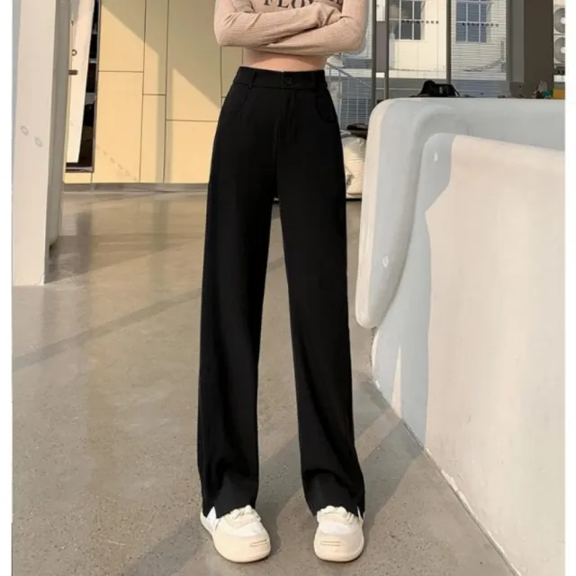 【baibeauty 白鳥麗子】率性純色西裝布後鬆緊側開衩落地直筒長褲