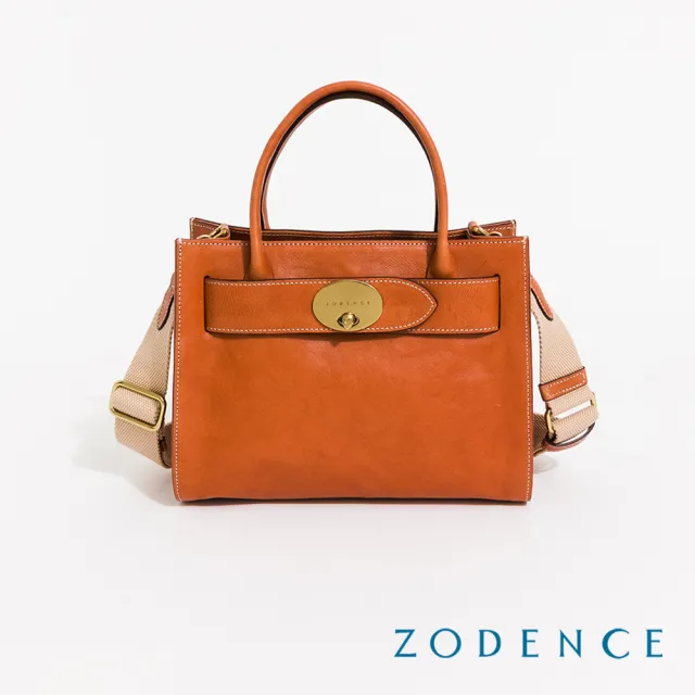 【ZODENCE 佐登司】MONA義大利植鞣革橫飾皮帶手提斜背包(經典駝)
