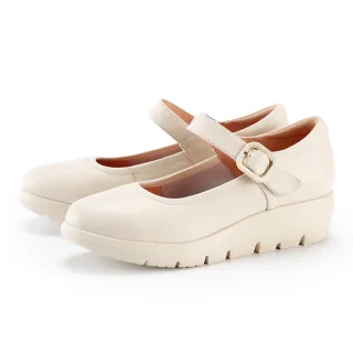 【MAGY】牛皮圓頭瑪莉珍厚底舒適休閒鞋(米色)