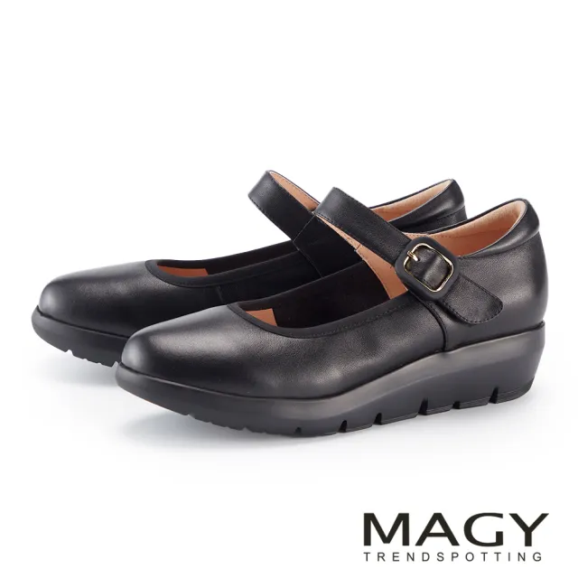 【MAGY】牛皮圓頭瑪莉珍厚底舒適休閒鞋(黑色)