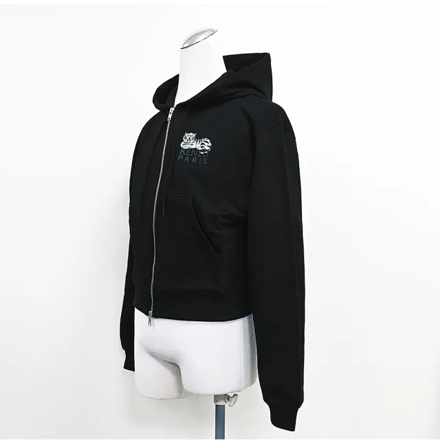 【KENZO】KENZO HAPPY TIGER燙印LOGO純棉拉鍊短版連帽外套(女款/黑)