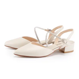 【MAGY】牛皮尖頭V口鑽條後繫帶低跟鞋(米色)