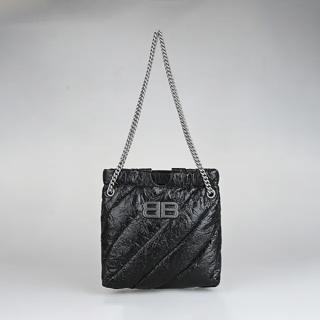 【Balenciaga 巴黎世家】BALENCIAGA CRUSH簡約仿舊銀字LOGO設計小牛皮抽繩束口鍊帶手提斜背包(迷你/黑)