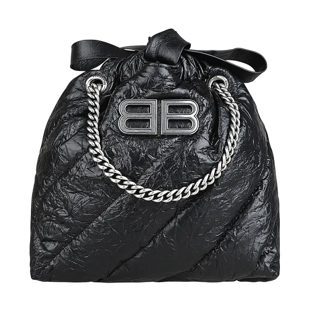 【Balenciaga 巴黎世家】BALENCIAGA CRUSH簡約仿舊銀字LOGO設計小牛皮抽繩束口鍊帶手提斜背包(迷你/黑)