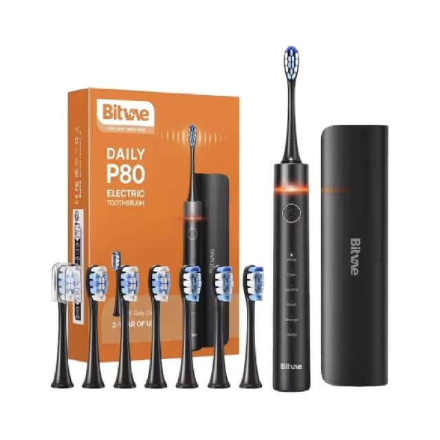 Bitvae P80 超音波振動式電動牙刷,採用40,000 VPM高頻振動,深入清潔牙齒並保護牙齦。配備5種潔牙模式(清潔、敏感、護齦、美白、柔動),適合成人使用。包含8個PV80刷頭,IPX7防水設計,USB充電2小時續航30天,智慧定時器確保專業刷牙。輕巧0.8kg,中國製造,1年保固,完美提升口腔衛生。 Bitvae P80