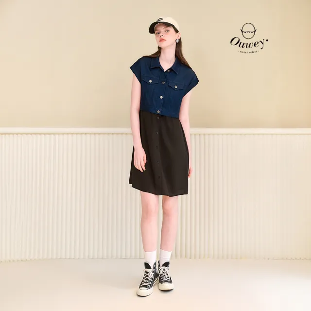 【OUWEY 歐薇】美式萊賽爾仿牛仔拼接洋裝(黑；S-L；3252167011)