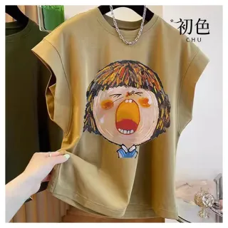 【初色】休閒風寬鬆純色童趣印花正肩圓領飛飛袖T恤上衣女上衣-共5色-11217(M-2XL可選)