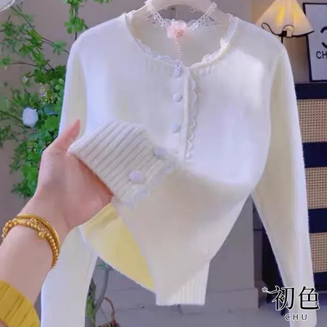【初色】甜美風氣質純色蕾絲花邊圓領長袖毛衣針織衫開衫外套女外套-共6色-11143(F可選)