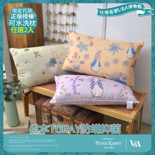 【PETER RABBIT 比得兔】日本TORAY防蟎抑菌可水洗枕-任選(2入/台灣製/抗菌枕/枕頭/比得兔與V&A博物館)