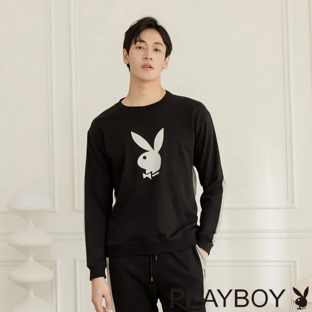【PLAYBOY】經典拼接撞色圓領上衣(黑色)