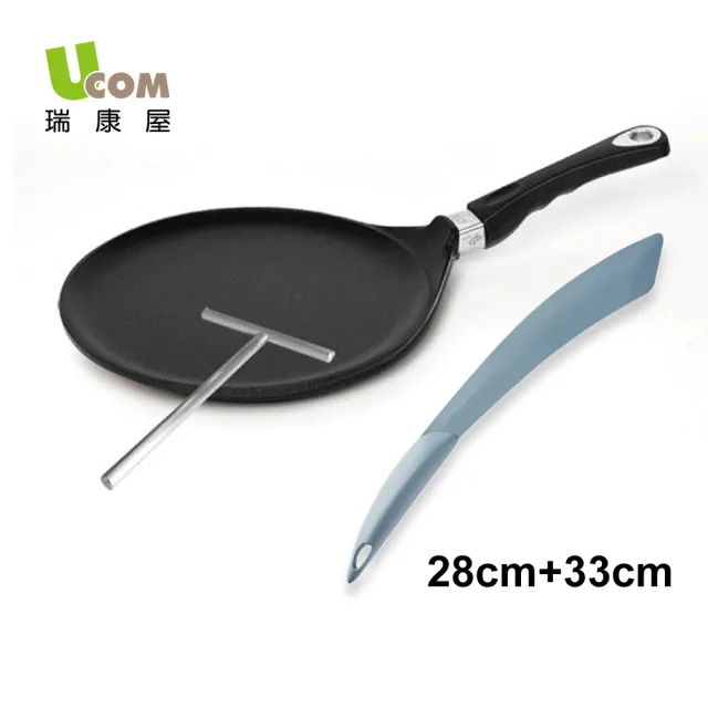 【UCOM 瑞康屋】德國黑魔法不沾鍋-可麗餅烤盤28cm(+可麗餅T棒+瑪仕翠彈性弧度刮刀灰33cm)