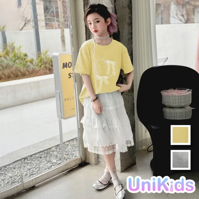 【UniKids】中大童裝短袖T恤 立體蕾絲蝴蝶結上衣 女大童裝 VP2515(灰 黃)